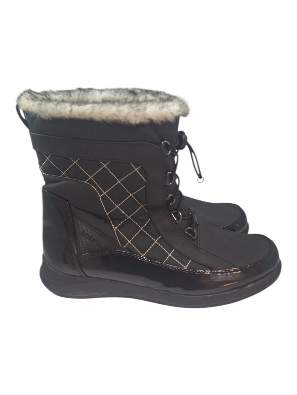 Totes Lisa Womens Snow Boots Size 10 Black Quilted Faux Fur Zip Winter Mid Calf
